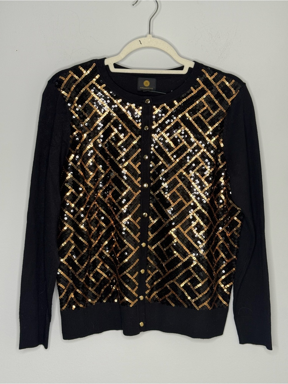 JM COLLECTION Women's Black Gold Sequin Cardigan Size M Glam Maximalism Festive